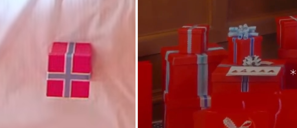 Left: A gift box on Yeojin's bed. Right: Similar-looking gift boxes from 'The Carol' music video.